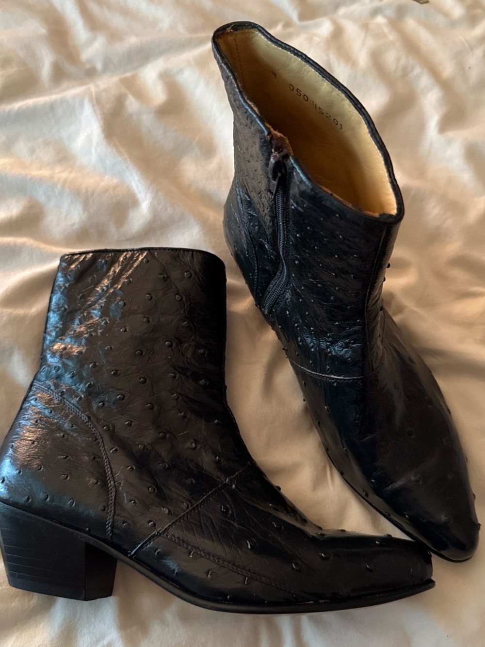 Vintage ostrich leather black ankle boots, size 9.5